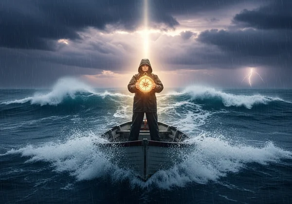 Person navigating a stormy sea with a compass.