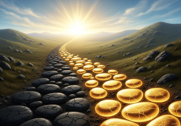 Path from broken stones to a bright horizon symbolizes healing.