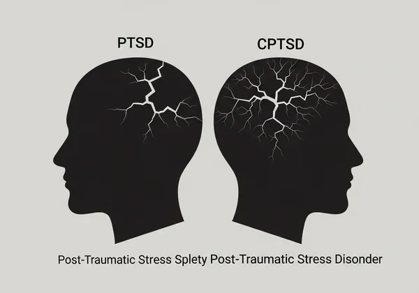 Symbolic art of PTSD vs CPTSD symptom complexity.