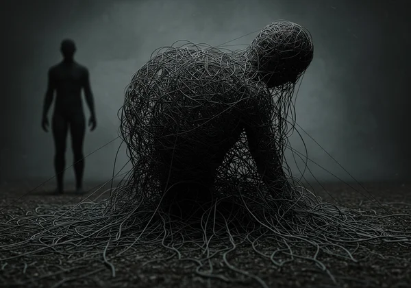 Tangled threads symbolizing complex, prolonged trauma's effect
