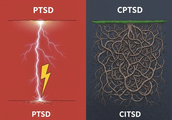 Two contrasting paths, one sharp, one winding, for trauma