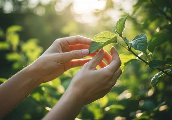 Person practicing grounding by touching a leaf in nature.