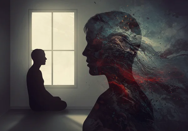 Abstract art of a person's silhouette with emotional chaos.