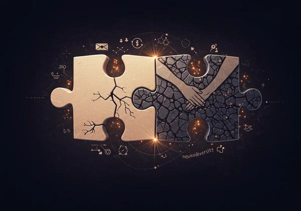Two puzzle pieces symbolizing CPTSD and autism fitting.