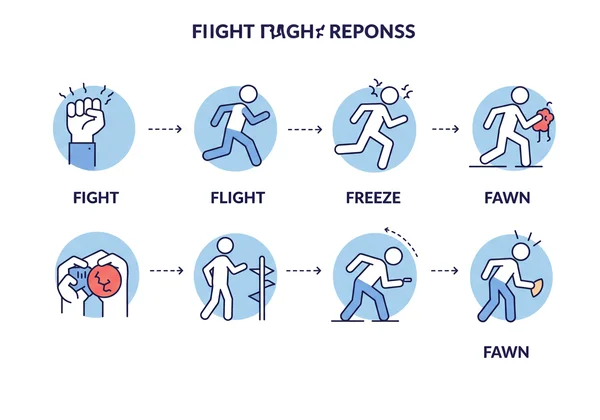 Diagram of fight, flight, freeze, fawn trauma responses.