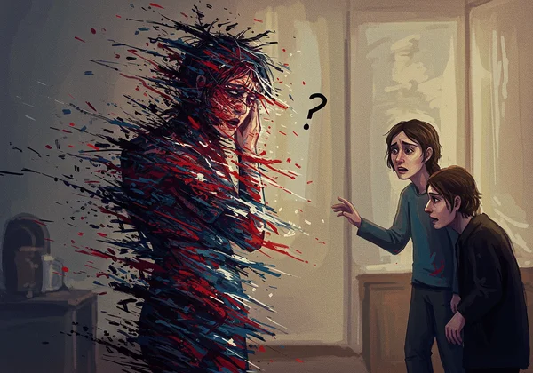 Person overwhelmed by emotions, partner looks confused.
