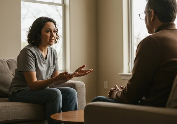 Therapist and client in a supportive therapy session.