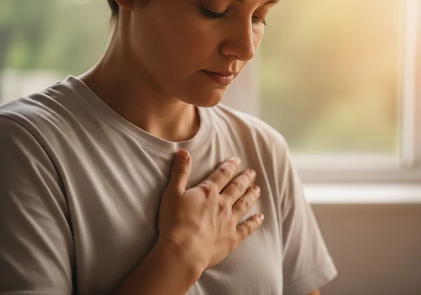 Person practicing self-compassion, hand over heart, inner peace
