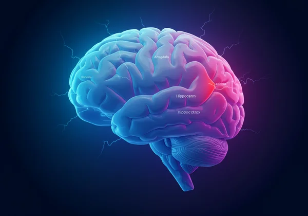 Brain scan highlighting amygdala, hippocampus, prefrontal cortex